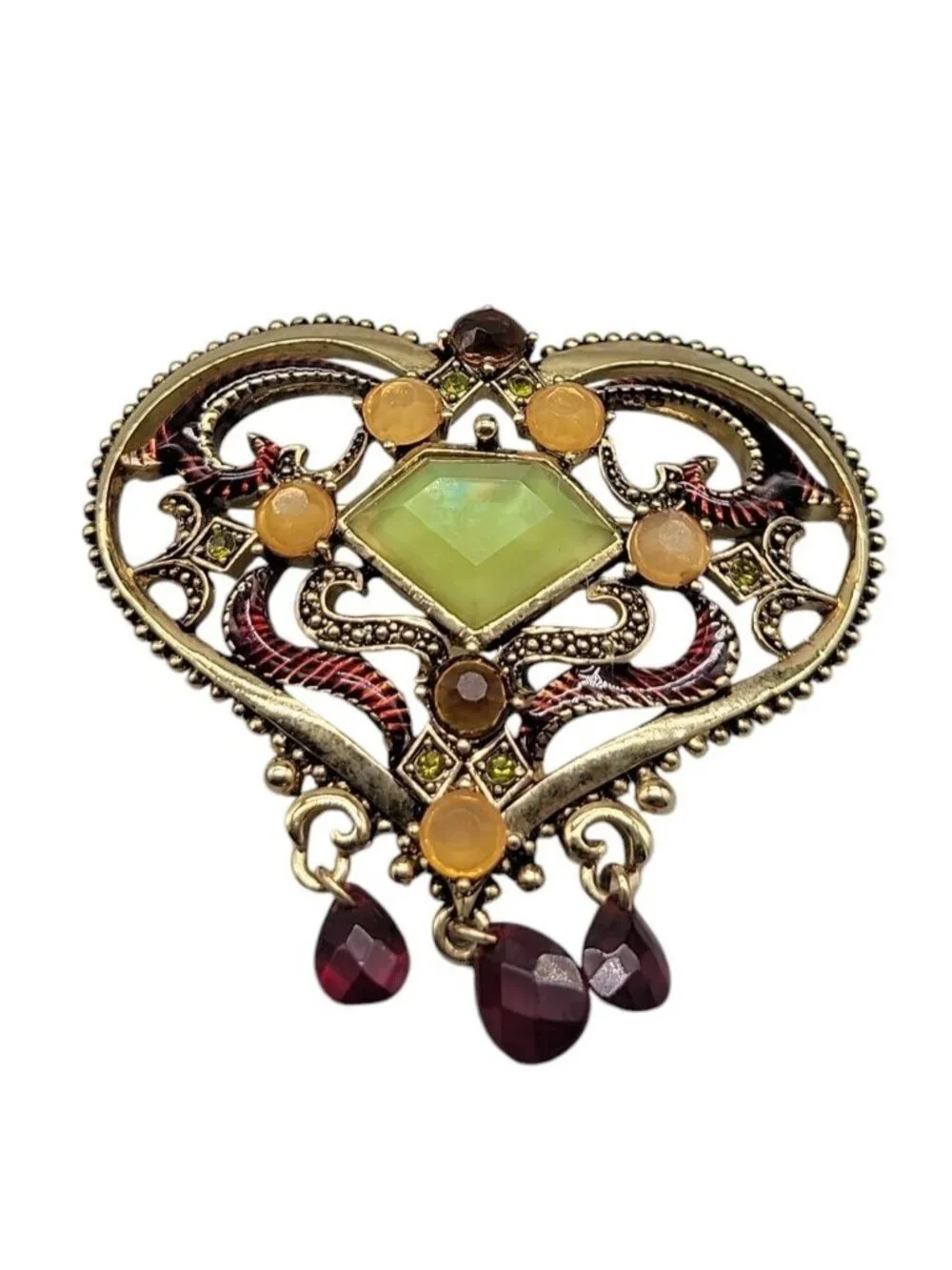 Gold Plated Enamel Heart Pin Green Chalcedony Dangle Glass Rhinestone Art Deco